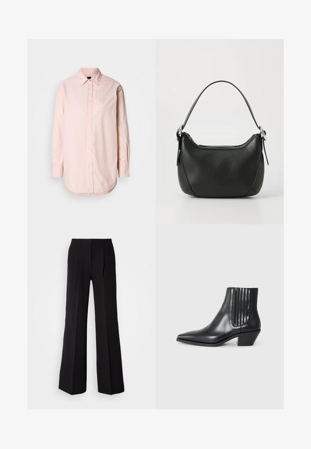 Lichtroze overhemd met knopen, met een puntige kraag, lange mouwen en een ronde zoom. Bevat een subtiele textuur en een klein geborduurd detail.; Zwarte broeken van soepele stof, met een hoge taille, wijde pijpen en twee plooien aan de voorkant voor extra ontwerpelementen.; Zwarte leren enkellaars met spitse neus, elastische zijpanelen met verticale groeven en een lage blokhak. Glad oppervlak en slank ontwerp.; Zwarte leren handtas met een gebogen vorm, zilveren rits en een korte handgreep. Bevat een subtiel logo aan de voorkant en een gladde textuur.
