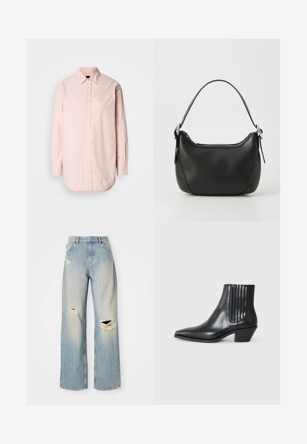 Vaaleanpunainen nappikauluspaita, jossa on terävä kaulus, pitkät hihat ja kaareva helma. Sisältää hienovaraisen tekstuurin ja pienen brodeeratun yksityiskohdan.; Vaaleansiniset suorat farkut, joissa on korkea vyötärö, vyölenkit ja kuluneet repeämät vasemmassa reisissä, oikeassa polvessa ja vasemmassa alareidessä.; Musta nahkainen nilkk boot, jossa on terävä kärki, elastiset sivupaneelit pystyröytiä ja matala lohkarepohja. Sileä pinta ja tyylikäs muotoilu.; Musta nahkakäsilaukku, jossa on kaareva muoto, hopeinen vetoketju ja lyhyt kahva. Edessä on hienovarainen logo ja pinta on sileä.