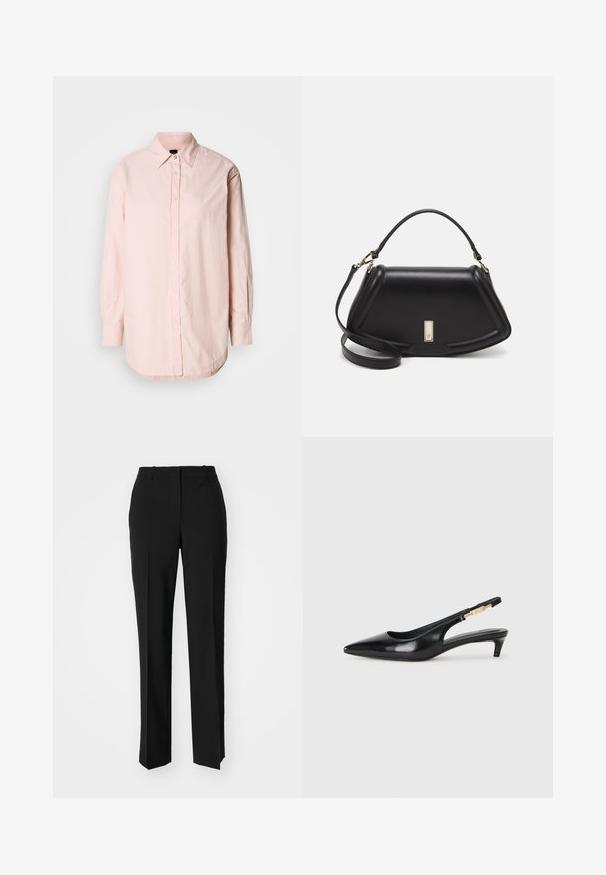 Light pink button-up shirt with a pointed collar, long sleeves, and a curved hem. Features subtle texture and a small embroidered detail.; Black tailored trousers with a straight-leg design, featuring a smooth texture and crisp creases along the front. No visible hardware.; Black leather slingback heels with a pointed toe, featuring a slim heel and a gold-tone accent on the adjustable strap. Smooth texture.; Black leather handbag with a structured design, featuring a cropped shape, top handle, and gold hardware accent. Adjustable shoulder strap included.