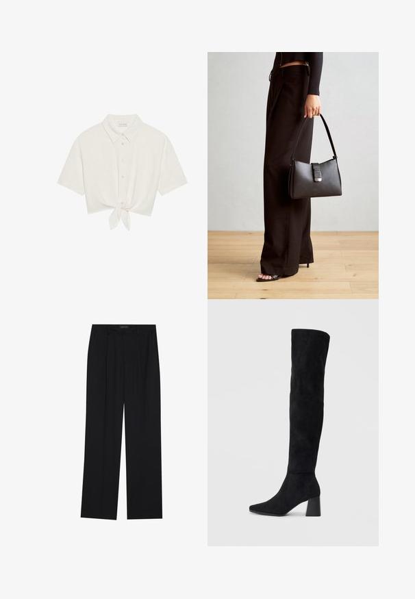 Kratka majica s kratkimi rokavi iz svetlo bež lanu, z gumbom spredaj in zaveznico na robu. Gladka tekstura z klasičnim ovratnikom.; Črne hlače s ravnim krojem, ki imajo dva sprednja žepa in pas. Narejene so iz gladkega, lahkega materiala.; Črne semiš škornje do kolen z blok peto, s koničastim nosom in gladkim, brezšivnim dizajnom na enostavni svetli podlagi.; Črna torbica z strukturirano obliko, gladko teksturo in kovinskim zaponko. Ujemajo se z širokimi črnimi hlačami in odprtimi sandali na lesenem tleh.