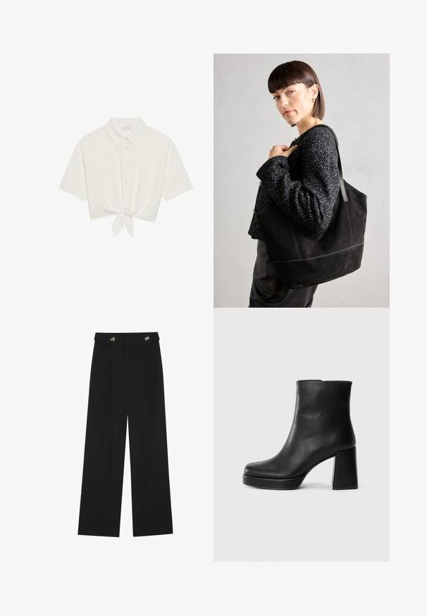 Izgriezts īsām piedurknēm krekls gaiši bēšā linu audumā, ar pogu priekšpusi un saites detaļu apakšmalā. Gluda tekstūra ar klasisku apkakli.; Melnas platās bikses ar augstu jostasvietu, pogu detaļām uz jostas un priekšējām krokām.; Melna ādas potīšu zābaku ar bloku papēdi un platformas zoli, skatīts no sāna uz vienkārša balta fona.; Melnas zamšādas somiņa ar gludu tekstūru, strukturētu formu un kontrastējošu šuvumu. Aprīkota ar garām siksnām pleca nēsāšanai.