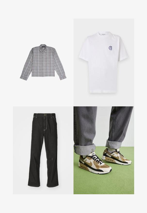 Camisa de manga longa cinza e branca com padrão xadrez, colarinho abotoado e um único bolso no peito. Feita em tecido tecido, apresentando um padrão arrumado de xadrez.; T-shirt branca de algodão com mangas curtas, decote redondo e um pequeno logotipo azul "C" bordado no lado esquerdo do peito.; Calças de ganga pretas de corte largo, com costuras brancas em contraste, fecho de botão e design de perna reta.; Sapatilhas Nike Air Max 90 em bege e preto, com materiais em malha e couro, almofada visível e atacadores pretos.
