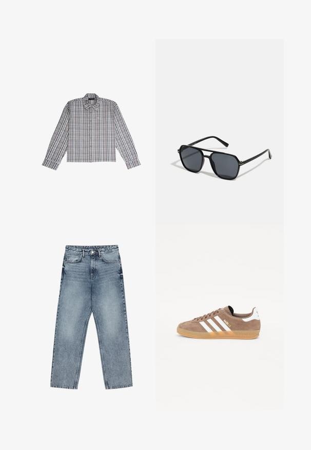 Pilkas ir baltas šachmatų rašto ilgomis rankovėmis marškiniai su mygtukų apykakle ir viena krūtinės kišenė. Pagaminti iš audinio, su tiksliai nupieštu plaid raštu.; Šviesiai mėlynos džinsinės kelnės su tiesiu kelnės siluetu, matomomis siūlėmis, penkių kišenių dizainu ir mygtuko uždarymu juosmens srityje.; Rudi zomšiniai sportbačiai su trimis baltais brūkšneliais, auksiniu "Gazelle" logotipu ir guminiu padu. Turi paminkštintą liežuvį ir kulną komfortui.; Juodos akiniai nuo saulės su aštuonkampiu rėmeliu, tamsiais objektyvais, blizgiu paviršiumi, plonomis šakutėmis ir auksinėmis akcentais priekyje.