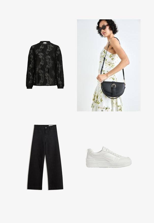 Schwarze Spitzenbluse mit durchgehender Knopfleiste, Kragen und langen Ärmeln. Verziert mit aufwendigen Spitzenmustern und schwarzen Stoffakzenten an den Manschetten.; Schwarze weit geschnittene Jeans mit hoher Taille, ausgestattet mit Vorder- und Hintertaschen, gesteppten Nähten und einem Knopfverschluss. Glatte Textur.; Weiße Leder-Sneaker mit glatter Textur, gepolstertem Knöchel und durchlöchertem Zehenbereich. Verfügt über eine leicht erhobene Gummisohle und Schnürdesign.; Schwarze Lederhandtasche mit geschwungener Form, abnehmbarem Tragegurt und goldenen Beschlägen. Die Tasche verfügt über einen Deckel mit einer Schnallen-Details.