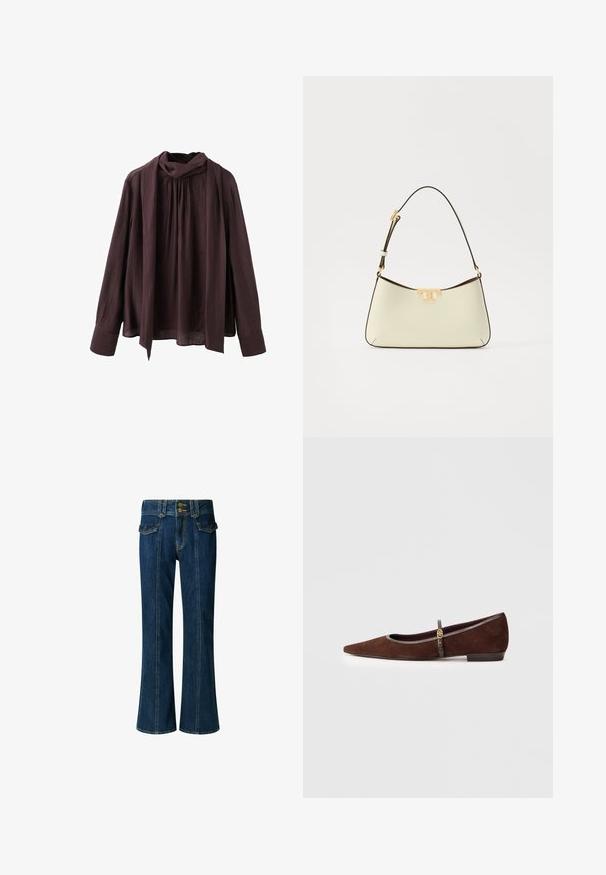 Dark brown long-sleeve blouse with gathered neckline and attached long scarf detail, made of lightweight textured fabric.; Dark blue denim jeans with a flared leg, featuring two front pockets, a high waist, and dual button closure at the waistband.; Brown suede flat shoe with a pointed toe, featuring a thin strap and gold hardware accent. The shoe has a low heel and gray trim.; Leather handbag in cream with a curved shape. Features a gold-tone logo accent and a thin, adjustable dark strap.