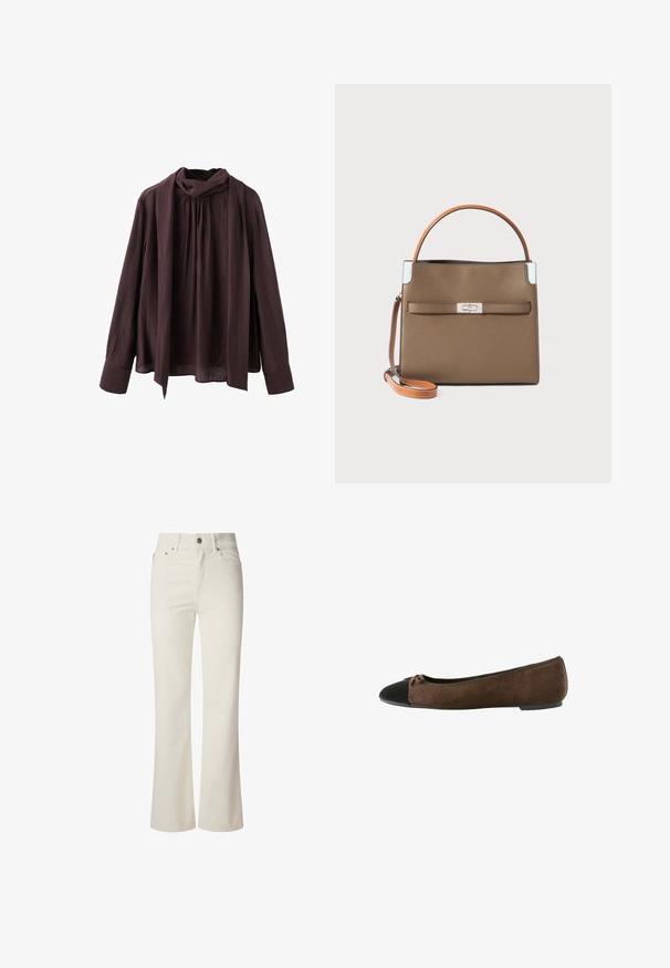 Blusa a maniche lunghe marrone scuro con scollatura arricciata e dettaglio di sciarpa lungo attaccato, realizzata in un tessuto leggero e testurizzato.; Jeans svasati bianchi in denim. Presentano una vita alta, cinque tasche e chiusura con bottone metallici. Texture liscia senza motivi visibili.; Ballerine in suede marrone con cappuccio nero e piccolo dettaglio a fiocco, tacco basso e bordo elasticizzato intorno all'apertura.; Borsa a tracolla in pelle marrone con un design strutturato, manico arancione, accessori in argento e una tasca frontale con chiusura a ganci.