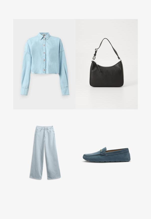 Camicia di jeans blu chiaro, cropped, con maniche lunghe, chiusura a bottoni e colletto classico. Presenta dettagli di cucitura e una texture morbida.; Jeans a gamba larga di colore azzurro chiaro realizzati in denim, con un classico design a cinque tasche e chiusura con bottone in vita.; Mocassini in suede blu con suola piatta, caratterizzati da un design cucito lungo i bordi e un accento metallico decorativo nella parte anteriore.; Borsa a tracolla in pelle nera con forma curva, una tracolla singola, chiusura con zip e marchio discreto sul fronte. Texture liscia, design minimalista.
