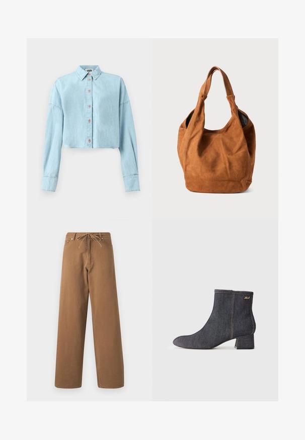 Light blue cropped denim shirt with long sleeves, button closure, and a classic collar. Features stitching details and soft texture.; Brown wide-leg pants made from cotton, featuring a drawstring waist and two front pockets. Textured fabric with a smooth finish.; Dark denim ankle boot with a pointed toe, block heel, visible stitching, and a subtle brand logo on the side. Smooth texture.; Brown suede shoulder bag with a soft texture, curved shape, and two handles. Features a minimal design with no visible hardware or accents.
