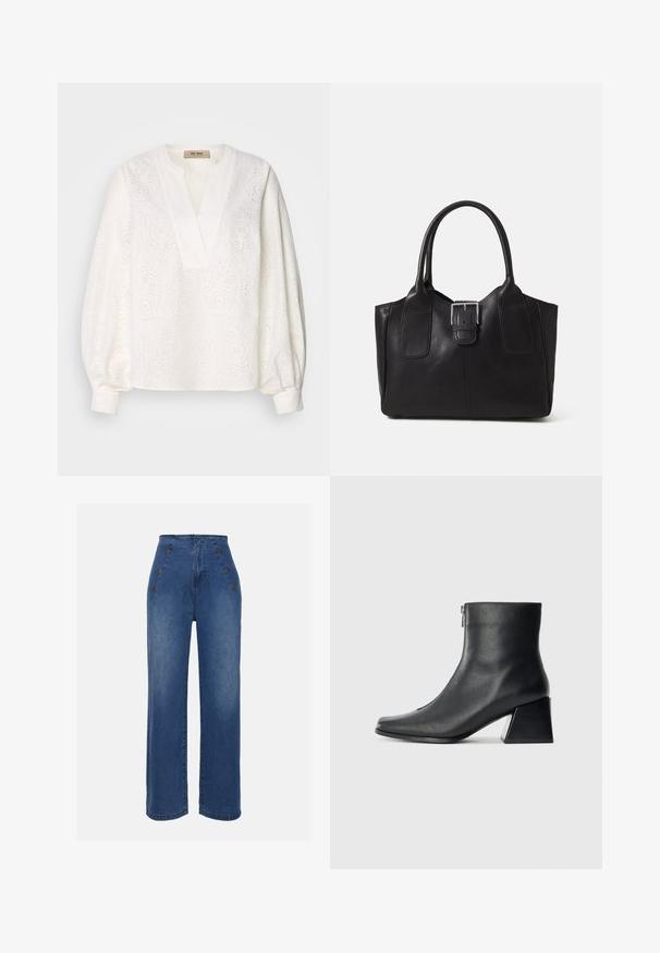 Biela blúzka vyrobená z textúrovanej tkaniny s vyšívanými vzormi a výstrihom do V. Má dlhé, voľné rukávy a zhrnuté manžety.; Džíny s vysokým pásom v strednej modrej farbe. Obsahujú predné gombíkové detaily a široký strih nohavíc. Látka má hladkú štruktúru s miernym vyblednutím.; Čierna kožená členková obuv so štvrcovým špičkou, bočným zipsom a blokovým podpätkom na jednoduchom svetlom pozadí.; Čierna kožená taška s hladkou textúrou, štruktúrovaným tvarom, dvoma uchami a výrazným strieborným prackovým detailom na prednej strane.; Strieborný prsteň s dvojitým pásikom s hladkým, lesklým povrchom. Má plynulý, zakrivený dizajn s prekryvajúcimi sa časťami pre moderný vzhľad.