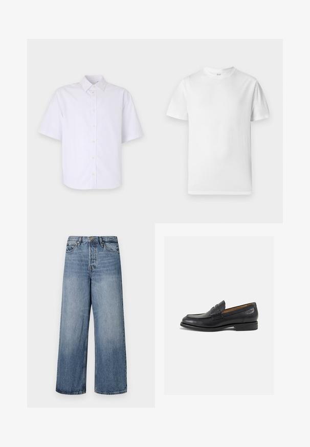 Kortærmet skjorte med knapper i sprød hvid bomuld. Har en klassisk krave, lige kant og diskrete knapper foran.; Hvid kortærmet t-shirt lavet af blød bomuld. Har en rund halsudskæring og en lige kant med minimal detaljering.; Vidde ben blå denim jeans med en falmet vask, fem-lomme design og knaplukning. Udstyret med bælteløkker og sømdetaljer.; Sorte læder loafers med en glat finish, rund tå og dekorativ syning på vampen. Lav stablet hæl og let glans.