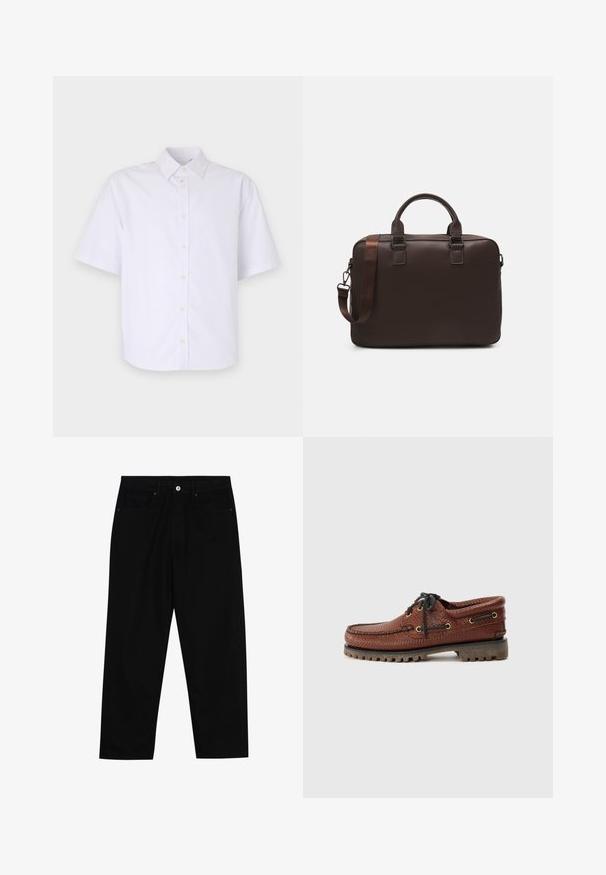Short-sleeve, button-up shirt in crisp white cotton. Features a classic collar, straight hem, and subtle buttons down the front.; Black denim pants featuring a straight-leg cut, five-pocket design, and a front button closure. Smooth texture with minimal stitching details.; Brown leather boat shoe with textured upper, black lace-up closure, and gold eyelets. Features a durable, ridged rubber sole.; Brown leather laptop bag with a textured surface, dual top handles, adjustable strap, and two front buckles for added detail.