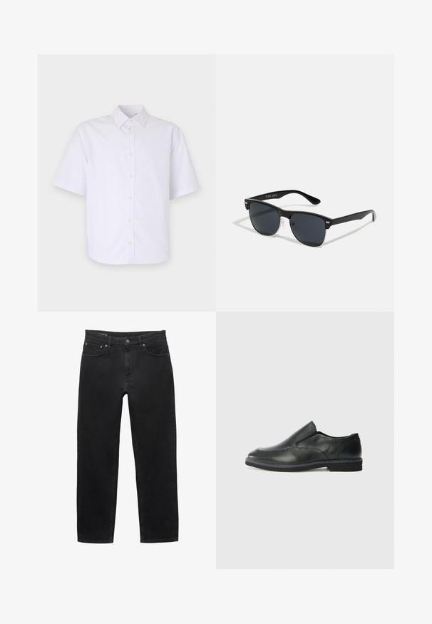 Rövid ujjú, gombos ing ropogós fehér pamutból. Klasszikus gallérral, egyenes szabású aljjal és finom gombokkal elöl.; Fekete farmernadrág, egyenes szárú kialakítással, elülső cipzárral és gombos záródással, klasszikus öt zsebes stílusban.; Fekete bőr, slip-on cipő sima felsőrésszel, varrott díszítéssel, lekerekített orral és alacsony gumitalppal. A talpa minimális bordázattal rendelkezik.; Fekete napszemüveg, téglalap alakú, sötét lencsékkel, ezüst részletekkel a szárakon, és matt felülettel a kereten.