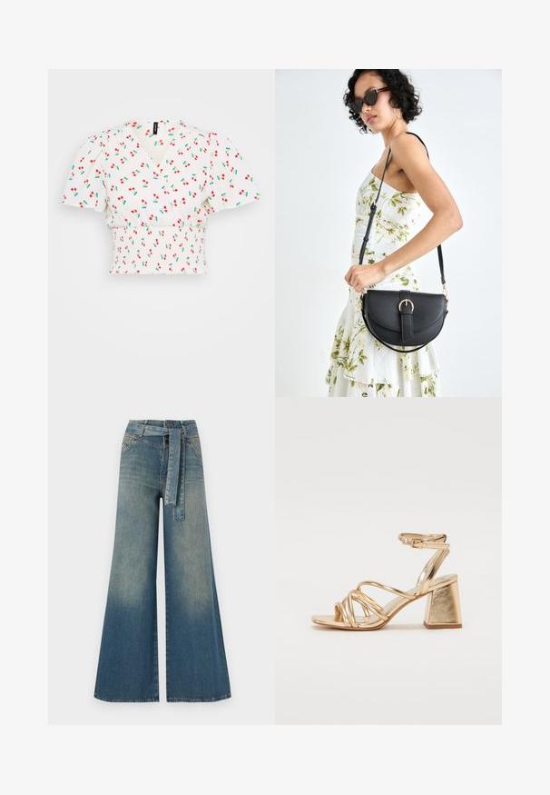 White crop top featuring a wrap design, puff sleeves, smocked waist, and a red cherry print with green leaves. Smooth fabric texture.; Wide-leg denim trousers featuring a light to dark blue gradient, high waist, belt loops, and a matching fabric belt. Textured denim finish.; Gold metallic heeled sandals featuring a strappy design, square block heel, and adjustable ankle strap with a buckle. Smooth texture.; Black leather handbag with a curved shape, detachable strap, and gold hardware. The bag features a flap with a buckle detail.
