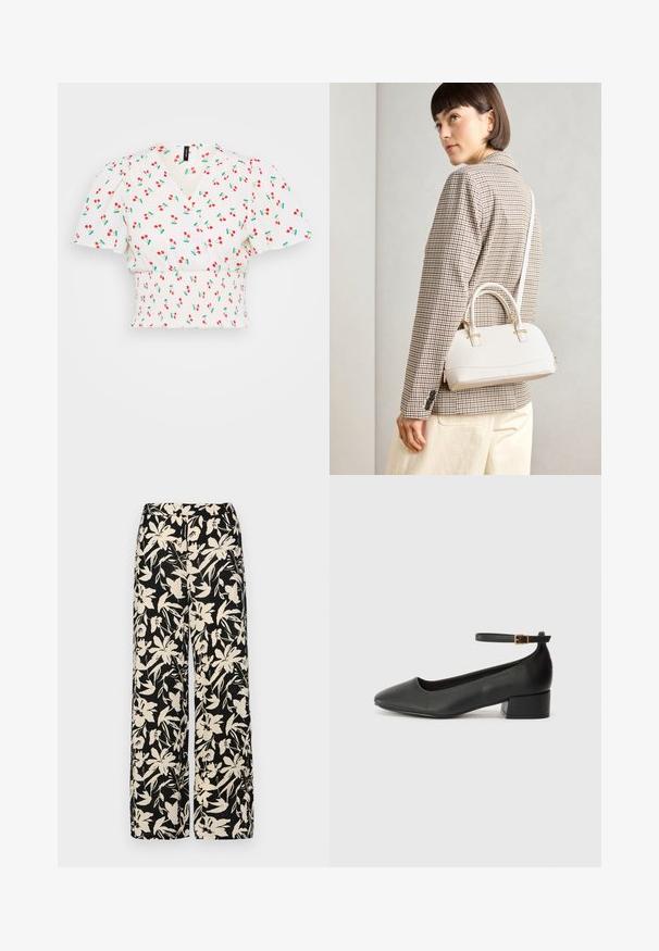 Valkoinen crop-top, jossa on solmittava muotoilu, puffihihat, rypistetty vyötärö ja punaisia kirsikoita vihreillä lehdillä. Sujuva kankaan rakenne.; Mustat leveälahkeiset housut, joissa on kermaisen värinen kukkakuosi. Valmistettu kevyestä kankaasta, jossa on sileä pinta ja korkea vyötärö.; Mustat nahkakengät, joissa on terävä kärki ja matala lohkare korko. Varustettu nilkkahihnalla, jossa on kultasävyinen solki. Lisää sileä pinta.; Valkoinen rakenteellinen käsilaukku, jossa on lyhyet kahvat ja olkahihna, varustettu kultaisilla metalliosilla ja tekstuurilla, esillä harmaata taustaa vasten.