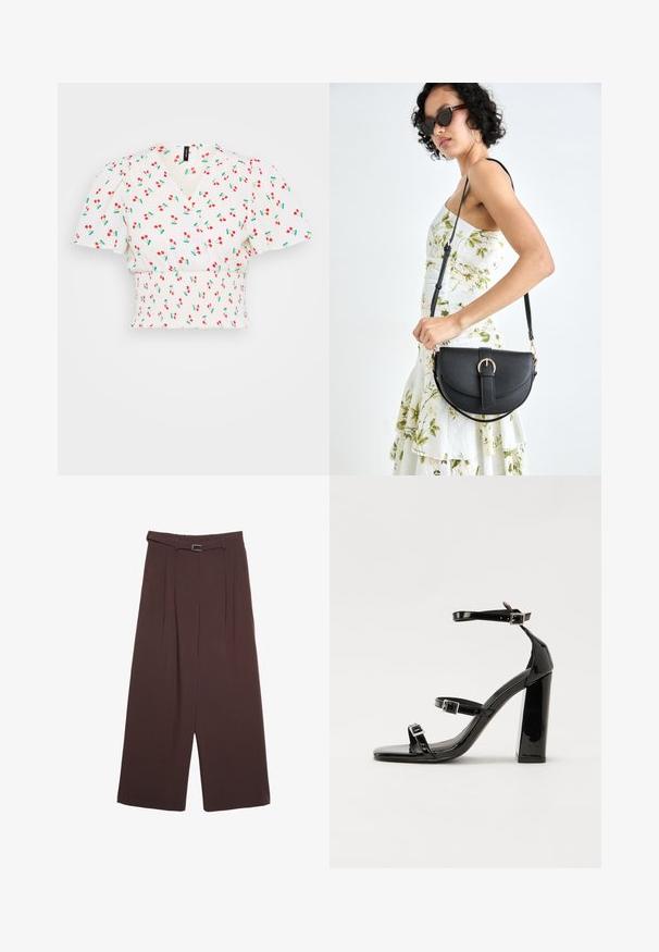 Biely crop top s dizajnom na zaväzovanie, pufovanými rukávmi, gumičkovým pásom a červenou potlačou čerešní so zelenými listami. Hladká textúra látky.; Stradivarius WIDE-LEG WITH BUCKLE DETAIL - Nohavice - dark brown; Čierne lakované sandále na podpätku so štvorcovou špičkou, navlečenými remienkami okolo členku a striebornými prackami. Disponujú masívnym blokovým podpätkom pre stabilitu.; Čierna kožená kabelka s zaobleným tvarom, odnímateľným popruhom a zlatými doplnkami. Kabelka má klopu s detailom s prackou.
