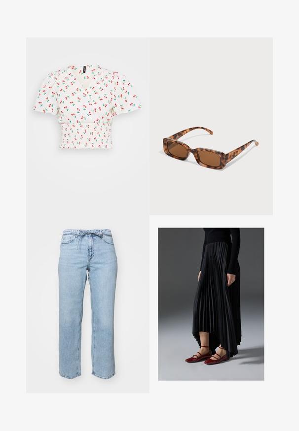 Baltas marškinėlių viršus su apvyniojimo dizainu, pūstomis rankovėmis, smulkiai susiraukšlėjusiu juosmeniu ir raudonų vyšnių raštu su žaliais lapais. Skaidri audinio tekstūra.; Šviesiai mėlyni džinsai su laisvu tiesiu kirpimu, penkiais kišeniais ir liemeniu su diržo kilpomis. Nusidėvėjęs paviršius su švelniu išblukimu.; Juoda plisuota sijonas su aukštesniu priekiniu kraštu, derinamas su blizgiomis raudonomis plokščiomis bateliais, turinčiais dirželio dizainą. Medžiaga yra glotni.; Vėžlio kiauto saulės akiniai su stačiakampiais rudi objektyvais, storu rėmu ir siaurais rankenėlėmis, dekoruotomis skirtingų atspalvių ruda spalva.; Geltona klostuota rankinė, pagaminta iš lygaus dirbtinio odos, su minkšta forma, vienu peties dirželiu ir surinktu viršumi.