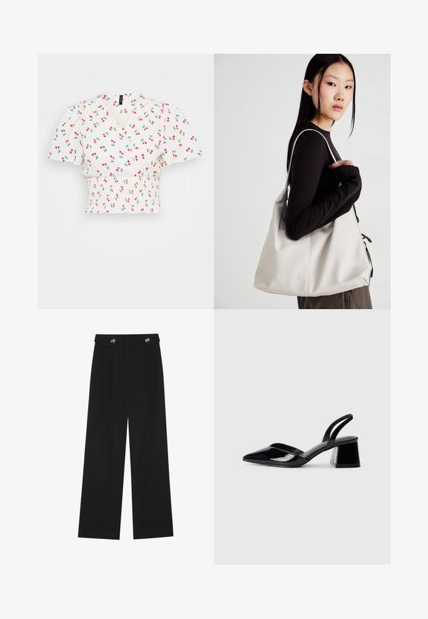 Top breve bianco con design avvolgente, maniche a palloncino, vita smock e stampa di ciliegie rosse con foglie verdi. Tessuto dalla consistenza liscia.; Pantaloni neri a gamba larga con vita alta, dettagli con bottoni in vita e pieghe frontali.; Décolleté in vernice nera con punta affusolata e tacco in geometria cubica. Presentano un design elegante e minimalista, con una texture liscia.; Borsa a mano beige realizzata in materiale morbido, caratterizzata da un design morbido, dettagli cuciti e due manici. Adatta per l'uso quotidiano.
