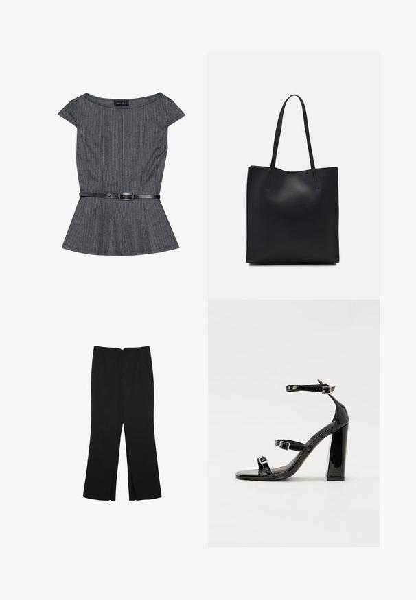 Graues Peplum-Oberteil mit dünnen vertikalen Streifen, kurzen Ärmeln und einem schwarzen Gürtel mit Schnalle. Hergestellt aus strukturiertem Stoff.; Schwarze Hose mit geradem Schnitt, ausgestattet mit Fronttaschen und Seitenschlitzen am Saum. Hergestellt aus weichem, glattem Stoff. Geeignet für verschiedene Anlässe.; Schwarze patentierte Sandalen mit Absatz, quadratischer Spitze, Knöchelriemen und silbernen Schnallen. Mit einem stabilen Blockabsatz für mehr Stabilität.; Schwarze Laptoptasche aus Leder mit glatter Textur, rechteckiger Form und zwei langen Griffen. Keine sichtbaren Beschläge oder Verzierungen.