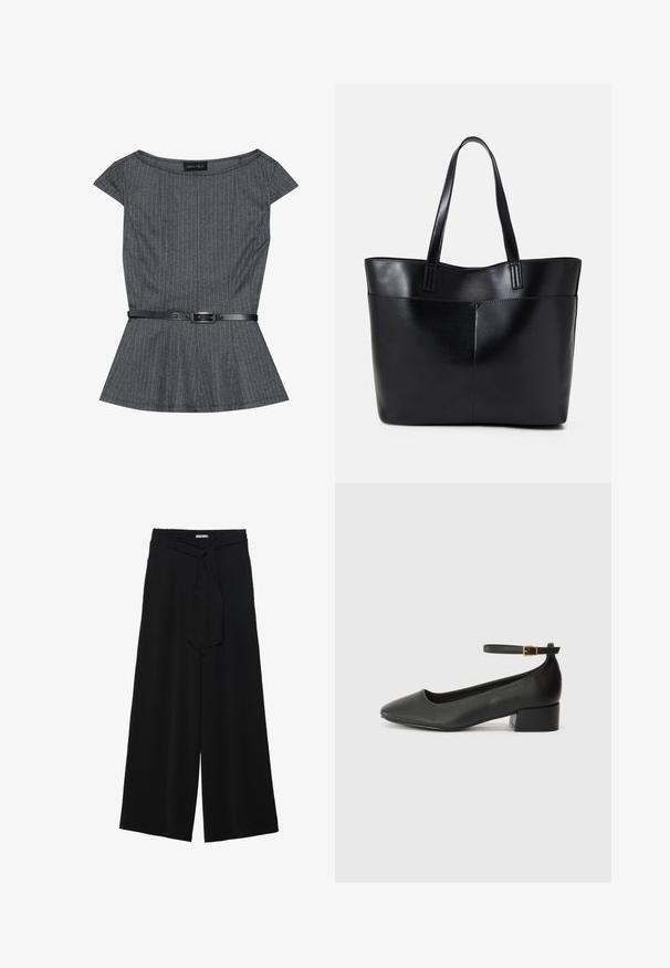 Top peplum gri cu dungi verticale subțiri, mâneci scurte și o curea neagră cu cataramă. Realizat dintr-un material texturat.; Pantaloni largi negri dintr-un material texturat, cu un tiv elastic și o panglică detașabilă la talie pentru un fit ajustabil.; Pantof cu toc negru din piele, cu vârf ascuțit și toc mic pătrat. Dispune de o curea la gleznă cu o cataramă în tonuri de aur. Textură netedă.; Geantă oversized din piele neagră, cu două mânere lungi, de textură netedă și formă structurată. Are un buzunar frontal pentru stocare suplimentară.