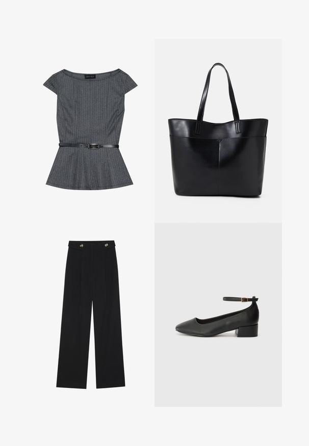 Harmaa peplum-paita, jossa on ohuita pystysuoria raitoja, lyhyet hihat ja musta vyö soljella. Valmistettu teksturoidusta kankaasta.; Mustat leveälahkeiset housut, joissa on korkea vyötärö, napit vyötärönauhassa ja etupuolella laskokset.; Mustat nahkakengät, joissa on terävä kärki ja matala lohkare korko. Varustettu nilkkahihnalla, jossa on kultasävyinen solki. Lisää sileä pinta.; Musta nahkainen kassi, jossa on kaksi pitkää kahvaa, sileä pinta ja jämäkkä muoto. Sisältää etutaskun lisävarastointia varten.