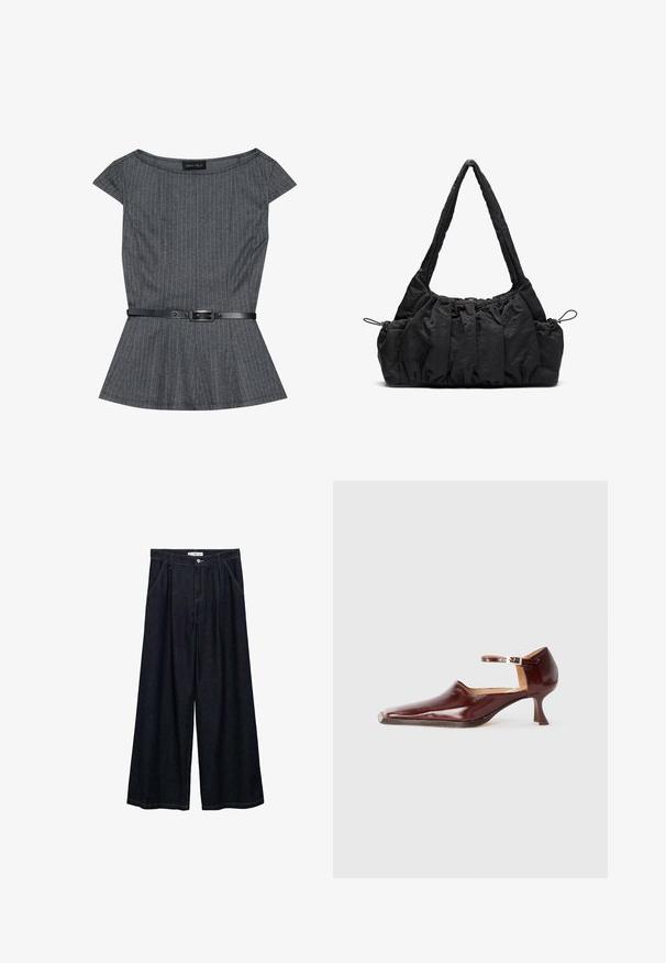 Grå peplum-top med tynde lodrette striber, korte ærmer og et sort bælte med spænde. Fremstillet af tekstureret stof.; Mørk denim bredbenede bukser med høj talje, der har en frontlukning med knap, to sidelommer og syningsdetaljer.; Bordeaux laklæder sko med spids tå, ankelrem og en 5 cm skrå hæl. Glat tekstur og minimalistisk design.; Sort stof handbag med samlede strukturer, to skulderremme og snorelukning i siderne. Glat, let materiale.