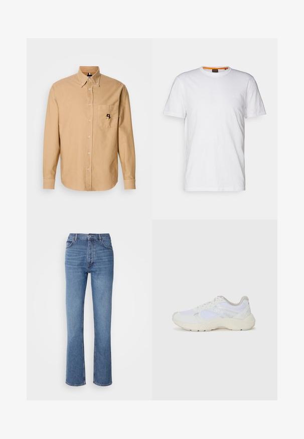 Bež srajca z dolgimi rokavi in gumbom spredaj, z ovratnikom in žepom spredaj, na katerem je majhen vezen "B" logotip.; Bela bombažna majica s kratkimi rokavi in okroglim izrezom, z diskretnim reliefnim logotipom na prsih. Notranja oznaka ima oranžni akcent.; Modre kavbojke z visokim pasom, ravno krojenjem in rahlim bledenjem. Imajo klasičen pet-pocket stil in zapiranje na zadrgo.; Bela športna obuvala iz mrežastega in semiš materiala, z teksturiranim podplatom, teksturiranimi dodatki in logotipom "HUGO" na strani.