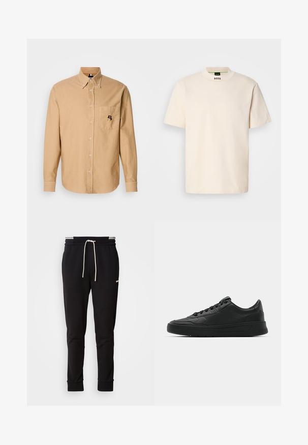 Camicia beige a maniche lunghe con bottone, colletto con bottoni e tasca frontale, caratterizzata da un piccolo logo ricamato con la lettera "B".; Maglietta a maniche corte color crema con colletto alto, con la scritta "BOSS" stampata in nero sulla parte anteriore del collo e sull'etichetta interna.; Pantaloni jogger slim-fit neri con cordoncino bianco, polsini a coste e logo discreto sulla coscia contro uno sfondo uniforme.; Sneaker nera con tomaia in pelle liscia, punta rotonda, lacci piatti, collare imbottito e design minimalista. Suola in gomma con un delicato motivo a rilievo.