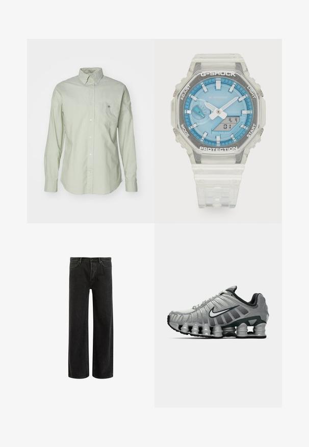 Lichtgroen overhemden met lange mouwen, een klassieke kraag, een borstzak aan de linkerkant en een subtiele textuur. Bevat witte knopen en een logo-detail.; Marineblauwe katoenen T-shirt met een ronde halslijn en korte mouwen. Het ontwerp aan de voorkant bevat verschillende landenvlaggen en de tekst "GANT USA".; Zwarte denims met wijde benen en een hoge taille, met een klassiek vijf zakken ontwerp en subtiele vervaging voor een textuur uitstraling.; Grijze en zwarte Nike hardloopschoen met zichtbare veerachtige demping onder de zool en een wit swoosh-logo aan de zijkant.; G-Shock-horloge met een heldere hars behuizing, blauwe wijzerplaat, metalen accenten, digitale weergave en een gestructureerde siliconen band. Waterbestendig tot 20 bar.