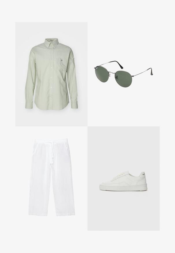 Camicia button-up verde chiaro con maniche lunghe, colletto classico, taschino sul petto sinistro e una texture sottile. Presenta bottoni bianchi e un dettaglio del logo.; T-shirt bianco in cotone con maniche corte, scollo rotondo e vestibilità rilassata. Texture liscia senza pattern o dettagli visibili.; Pantaloni cropped bianchi in lino con vita elasticizzata, coulisse e due tasche laterali. Texture morbida e design leggero per il massimo comfort.; Sneaker in pelle bianca con una finitura liscia, punta rotonda, lacci piatti e suola testurizzata. Presenta un logo discreto sul tallone.; Occhiali da sole con montatura in metallo e lenti verdi ovali. Montatura sottile in metallo argento e terminali neri. Design minimalista, senza loghi visibili.