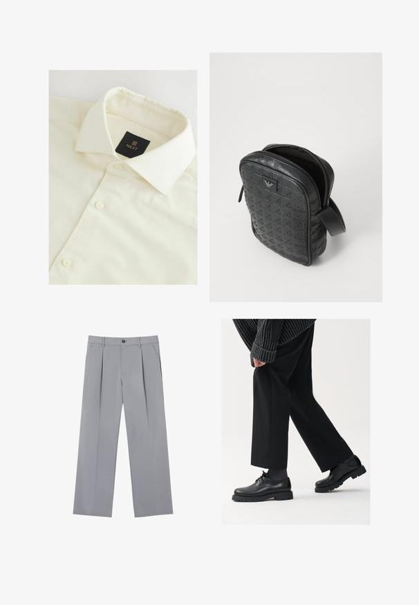 Camicia color crema con colletto in tessuto testurizzato, dotata di un'etichetta nera "NEXT" e bottoni bianchi lungo la patta anteriore.; T-shirt in cotone nero con collo rotondo classico, maniche corte e vestibilità rilassata. Tessuto morbido, senza fantasie o decorazioni.; Pantaloni grigi con pieghe, dal taglio rilassato, realizzati in un tessuto leggero. Presentano tasche frontali e una chiusura con bottone in vita.; Scarpe in pelle nera con punta arrotondata, design con lacci e suola spessa e texture. Indossate con pantaloni neri su misura e un maglione a coste.; Borsa nera in pelle testurizzata con un motivo geometrico, forma rettangolare, cerniera superiore e manico corto. Presenta un'etichetta del logo sul davanti.