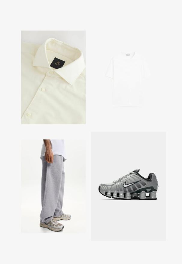 Chemise collée de couleur crème avec un tissu texturé, présentant une étiquette noire "NEXT" et des boutons blancs le long de la patte de boutonnage.; T-shirt en coton blanc à manches courtes, col rond et coupe droite. Texture lisse sans motifs ni accents visibles.; Pantalon de survêtement gris en tissu doux, avec une coupe décontractée et une taille élastique. Associé à des baskets de sport beiges et grises.; Chaussure de course Nike grise et noire avec un coussin de type ressort visible sous la semelle et un logo swoosh blanc sur le côté.