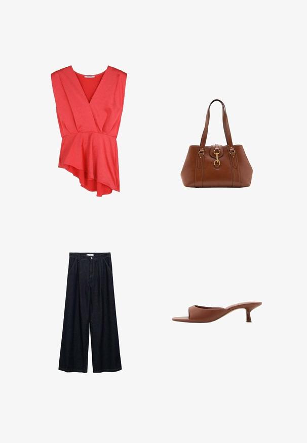 Top avvolgente rosso senza maniche con scollatura a V profonda e orlo a ruffle a peplum. Realizzato in un tessuto morbido con una texture sottile.; Pantaloni larghi in denim scuro con vita alta, dotati di chiusura frontale con bottone, due tasche laterali e dettagli di cucitura.; Mule con tacco aperto di colore marrone, con una finitura liscia e opaca, caratterizzate da un design curvo e un tacco trasparente e affusolato.; Borsa a tracolla in pelle marrone con doppie cinghie, forma arrotondata, accessori in oro e un dettaglio con fibbia centrale. Texture liscia con rifiniture cucite.