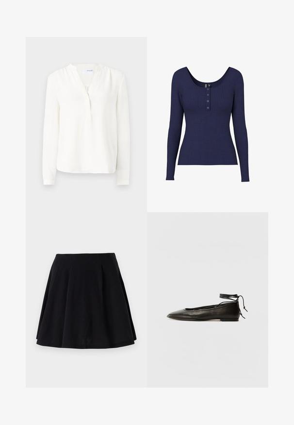 Hvid langærmet bluse med knaplukning, blød tekstur, let afslappet pasform og rund halsudskæring. Tynde manchetter ved ærmerne.; Marineblå ribbet langærmet top med en rund halsudskæring og en knapstolpe med tre metalliske knapper i midten.; Sort bomuldsnederdel med en svajende silhuet, der har læg ved taljeområdet og en glat tekstur. Velegnet til afslappet brug.; Sorte læder ballerinaer med spids tå, ankelbinding og flad sål, der har en glat tekstur og minimalistisk design.