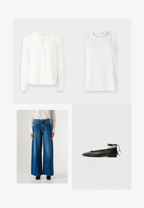 Bijela bluzica dugih rukava s dugim gumbima, mekom teksturom, lagano opuštenim krojem i okruglim izrezom. Tanke manžete na rukavima.; Bijela bezrukava majica napravljena od mekanog pamuka. Ima okrugli izrez i ravni kroj. Jednostavan dizajn bez vidljivih uzoraka ili akcenata.; Plave široke traperice s visokim strukom, izrađene od denima, s prednjim džepovima i dugmetom za zatvaranje. Glatka tekstura s klasičnim pranjem.; Crne kožne baletanke s oštrim prstom, vezanjem oko članaka i ravnim potplatom, s glatkom teksturom i minimalističkim dizajnom.