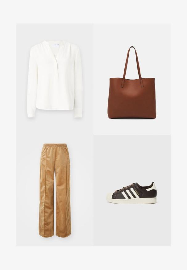 White long-sleeve blouse with a buttoned placket, soft texture, slightly relaxed fit, and round neckline. Thin cuffs at the sleeves.; Tan wide-leg pants made of soft, velvety material. Features an elastic waistband and vertical seams along the front for added detail.; Low-top Adidas Superstar sneaker in dark brown leather with cream shell toe, white stripes, and "Superstar" text on the side.; Brown leather tote bag with a smooth texture, open top design, and two shoulder straps. Features minimal stitching and no visible hardware.