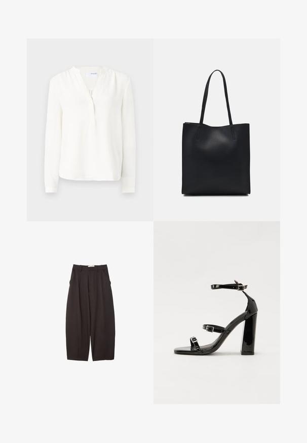 Hvid langærmet bluse med knaplukning, blød tekstur, let afslappet pasform og rund halsudskæring. Tynde manchetter ved ærmerne.; Sorte brede bukser lavet af et glat stof, med høj talje, forfaldne folder og sidelommer. Simpelt design uden udsmykninger.; Sorte patenterede hælsandaler med firkantet tå, ankelremme og sølvspænder. Har en chunky blokHæl for stabilitet.; Sort læder tote taske med glat tekstur, rektangulær form og to lange hanke. Ingen synlig hardware eller udsmykninger.