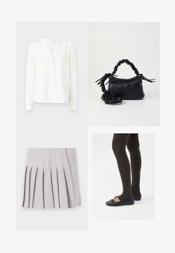 Weiße Bluse mit langen Ärmeln, Knopfleiste, weichem Textil, leicht lockerer Passform und Rundhalsauschnitt. Dünne Bündchen an den Ärmeln.; Grauer plissierter Rock mit glatter Textur, der mehrere vertikale Falten und eine taillierte Taille aufweist. Hergestellt aus leichtem Stoff.; Schwarze flache Schuhe mit einem kleinen Schleifendetail an der Zehe, kombiniert mit dunkelbraunen gerippten Strumpfhosen. Die Schuhe haben eine glatte Textur und ein niedriges Profil.; Schwarze Handtasche aus Kunstleder mit Krokodilstruktur, gerafftem oberen Teil und einem geschoppten Tragegurt. Sie wirkt weich und kompakt im Design.