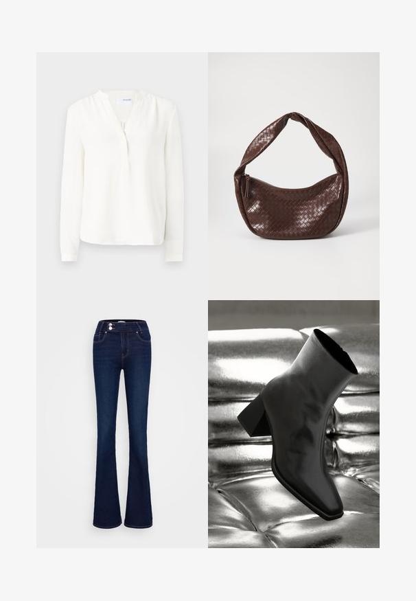 Witte blouse met lange mouwen, knoopsluiting, zachte textuur, iets losse pasvorm en ronde halslijn. Dunne manchetten aan de mouwen.; Donkerblauwe uitlopende jeans met een hoge taille, twee voorzakken en twee knoopsluitingen. Gemaakt van denim met een zachte textuur.; Zwarte enkellaarsjes van glanzend materiaal met een vierkante neus en taps toelopende hak, afgezet tegen een glanzende zilveren gecapitonneerde achtergrond.; Bruine geweven leren handtas met een gebogen, geknoopte hengsel en een ritsluiting. Glad oppervlak en ronde vorm.