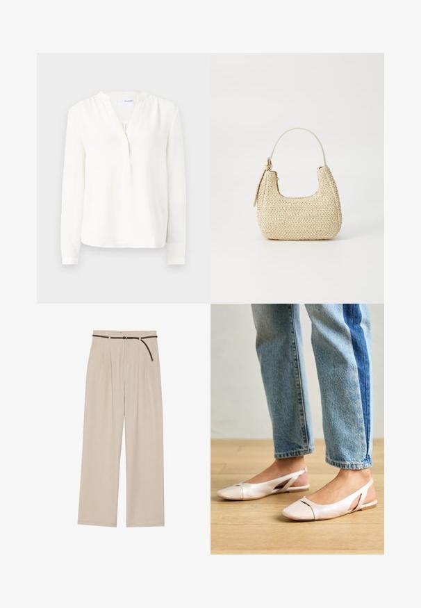 Hvid langærmet bluse med knaplukning, blød tekstur, let afslappet pasform og rund halsudskæring. Tynde manchetter ved ærmerne.; Beige vide benbukser med indlæg, lavet af letvægtsstof, med et flettet brunt bælte og en lige kant.; Lyserøde slingback flade sko med spidse tær, lavet af et glat læderlignende materiale. Har udskæringsdetaljer på siderne og en flad hæl.; Vævet stråhåndtaske i beige med en buet form, en kort håndtag og en sidelomme med lynlås. Har tekstureret overflade og minimalistisk design.