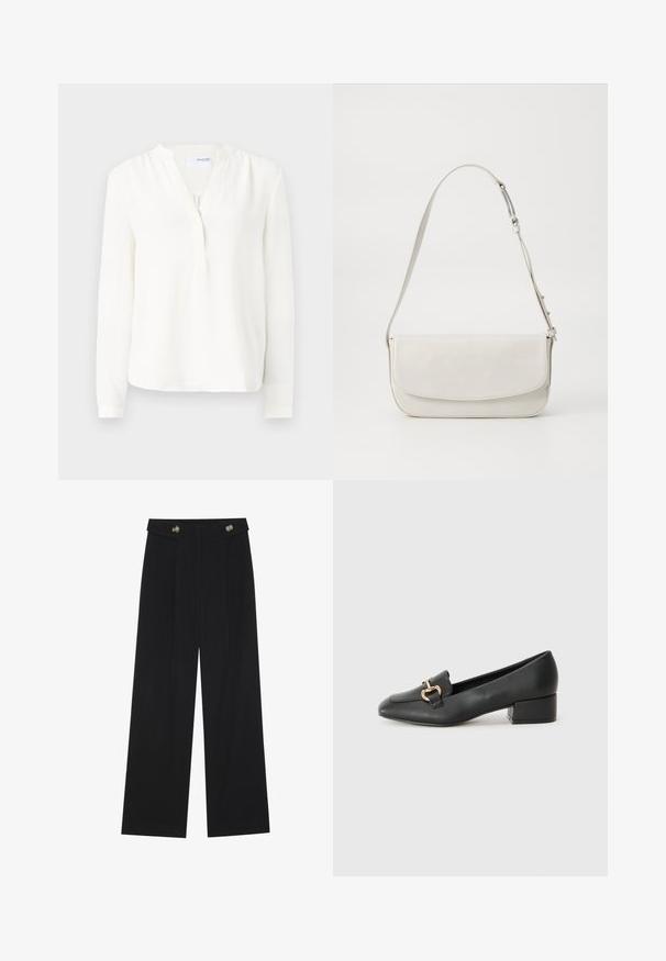 Balta ilga rankovė palaidinė su mygtukų užsegimu, minkšta tekstūra, šiek tiek laisvas siluetas ir apvali iškirptė. Ploni rankogaliai ant rankovių.; Juodi plačios kojos kelnės su aukštu liemeniu, sagų detalėmis ant liemens ir priekinėmis raukšlėmis.; Juodi odiniai loaferiai su plokščiu kulnu, su dekoratyvia auksine detalės priekyje ir glotnia tekstūra.; Balta odinė petneša su lygiu paviršiumi, stačiakampio formos, su užsegimu antklodė ir reguliuojama dirželiu. Paprastas siuvinėjimo detalės.