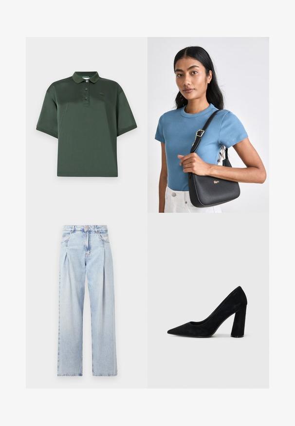 Tmavozelená polokošeľa z hladkej tkaniny, s golierom, tromi gombíkmi, krátkymi rukávmi a nenápadným logom na hrudi.; Svetlomodré džínsy s vysokým pásom, širším strihom po celej dĺžke, dvoma bočnými vreckami a skladaným dizajnom. Mäkka textúra s vyblednutým vzhľadom.; Čierne semišové lodičky na vysokom opätku s špicatou špičkou a robustným opätkom. Elegantný dizajn, jemná textúra a minimalistický štýl. Žiadne viditeľné logo.; Čierna textúrovaná kabelka s zakriveným tvarom, doplnená zlatým logom, kombinovaná s pruhovaným svetlomodrým tričkom s krátkym rukávom a bielymi nohavicami.