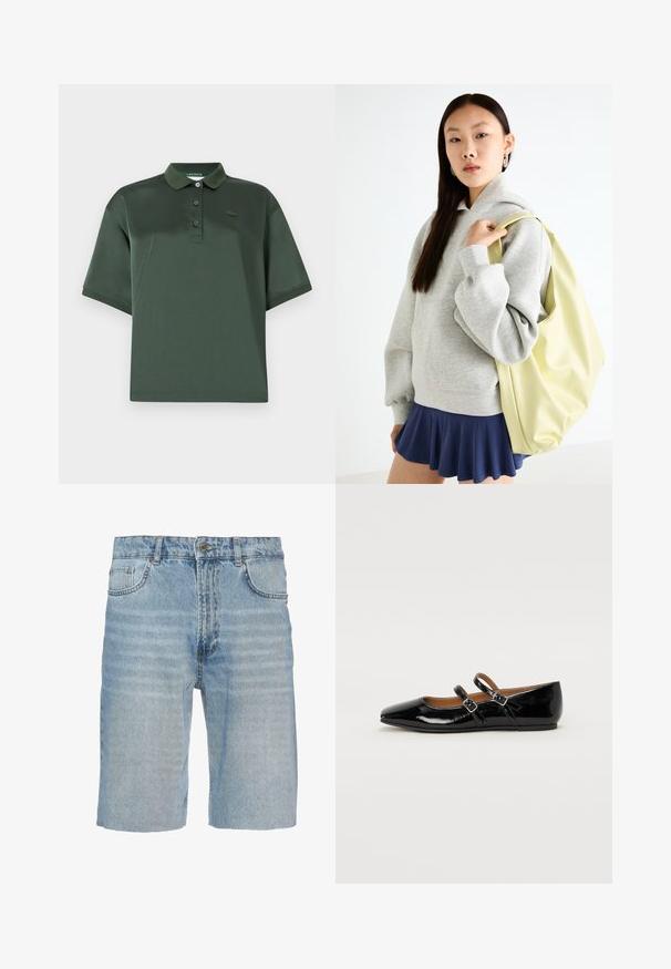 Tummanvihreä polo-paita, joka on valmistettu sileästä kankaasta. Siinä on kaulus, kolme nappia, lyhyet hihat ja hillitty logo-yksityiskohta rinnassa.; Farkkushortsit vaaleansinisessä sävyssä, joissa on klassinen viisi-taskuinen muotoilu, nappikiinnitys, suora leikkaus ja hienovarainen haalistuminen kankaassa.; Musta kiiltävä nahkainen tasapohjainen kenkä, jossa on teräväkärkinen muotoilu, kaksi soljella varustettua remmiä vampin ympärillä sekä matala, pyöreä korko.; Harmaa ylipitkä huppari, jossa on kengurutasku, yhdistettynä tummansiniseen levenevään hameeseen. Asusteena: suuri vaaleankeltainen reppu, tasainen pinta.