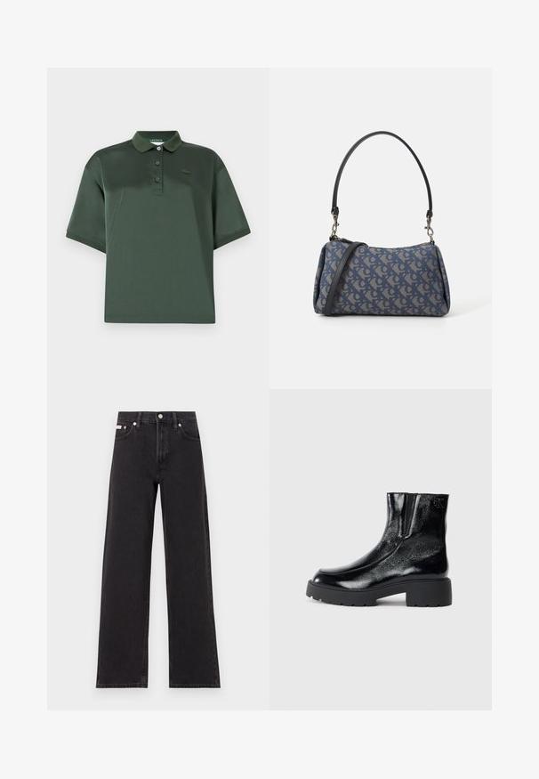 Polo de cor verde escura feito de um tecido suave, apresentando um colarinho, três botões, mangas curtas e um discreto detalhe de logótipo no peito.; Jeans de perna larga pretos feitos de denim, apresentando uma cintura alta, estilo de cinco bolsos e um fecho em botão de metal com costura contrastante.; Botas de tornozelo pretas com acabamento em pele envernizada brilhante, sola de borracha preta robusta e salto elevado; inclui um detalhe discreto do logótipo na lateral.; Bolsa de padrão azul feita de tecido, com um formato curvo, alça de couro preto e design de logotipo em uma tonalidade mais clara.
