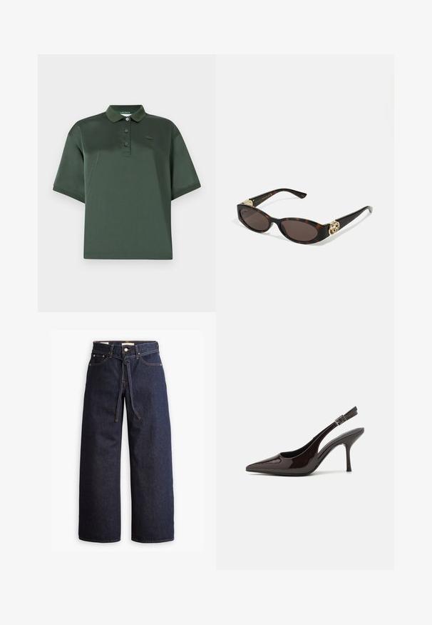 Tummanvihreä polo-paita, joka on valmistettu sileästä kankaasta. Siinä on kaulus, kolme nappia, lyhyet hihat ja hillitty logo-yksityiskohta rinnassa.; Korkeavyötäröiset tummansiniset leveälahkeiset farkut, joissa on narunauhakuja, viisi taskua ja kontrastiväriset ompeluseikat.; Korkokenkät tummanruskeasta kiiltävästä patenttinnahasta, teräväkärkiset, avoimet sivut ja säädettävä nilkkaremmi.; Silmärilakkiset tortoiseshell-aurinkolasit, joissa on pitkänomaiset ovaalit linssit, ruskea sävy, kultaiset logo-koristeet temppeleissä ja sulavalinjaiset mustat varret.