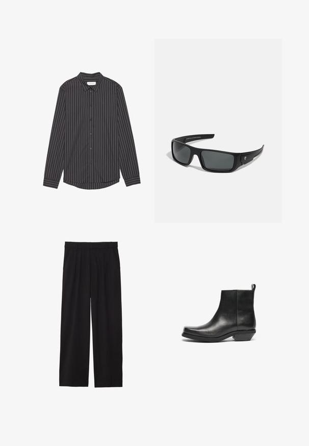 Črna majica z dolgimi rokavi z belimi navpičnimi črtami, ovratnikom, gumbom spredaj in ukrivljenim robom. Narejena iz gladkega materiala.; Črne široke hlače z nabranim sprednjim delom, stranskimi žepi in gladko teksturo tkanine. Oblikovane za sproščen kroj.; Črne usnjene gležnjarje s koničastim prstom in nizko blokasto peto. Elegantna oblika z gladko teksturo in zanka za enostavno obuvanje.; Črne sončne očala s pravokotnim okvirjem, temno sivo lečo in gladko plastično površino. Opazna oznaka na strani.; Dve kravate: ena enobarvna črna s poševno modro in sivo črto, druga pa enobarvna črna z modrim satenskim koncem. Tekstilirana tkanina.