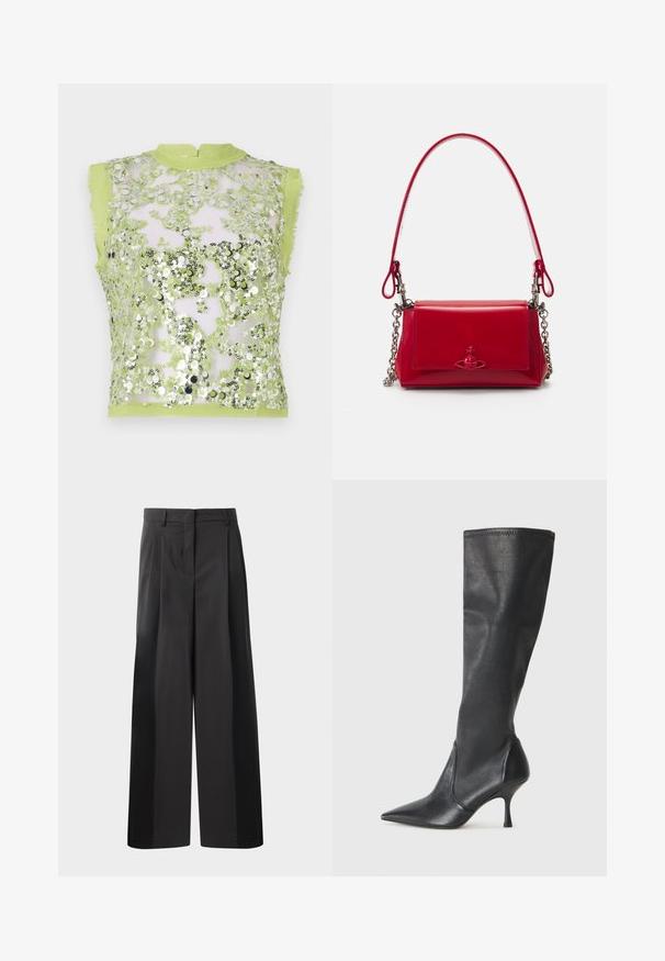 Baum und Pferdgarten MANIRA - Pusero - herbal garden; Mustat, leveälahkeiset housut korkealla vyötäröllä, etupleiteillä, sileällä pinnalla ja huolitellulla viimeistelyllä. Suunniteltu rentoon istuvuuteen.; Polvisuuriset mustat nahkasaappaat, joissa on terävä kärki ja hoikka stiletto-korko. Silkkinen pinta, tiukka muotoilu ja ompeleet yläreunassa.; Punainen patentoitu nahkakäsilaukku, jossa on hopeiset ketjuhängitykset, lyhyt kahva ja koristeellinen emblem etupuolella. Kompakti suorakulmainen muoto.