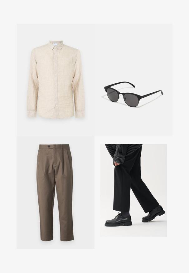 Beige langermet skjorte laget av teksturert stoff, med klassisk krage, knappestolpe og en avslappet passform.; Brune, skreddersydde bukser med flat front, to sidelommer og knappelukking. Glatt, lett stoff med rett ben-design.; Sorte skinnsko med rund tupp, snøring og tykk, teksturert såle. Brukt med skreddersydde svarte bukser og en ribbet genser.; Sorte solbriller med runde linser, matt finish og karakteristisk katteøyeform. Slanke armer med subtil merking på venstre tempel.