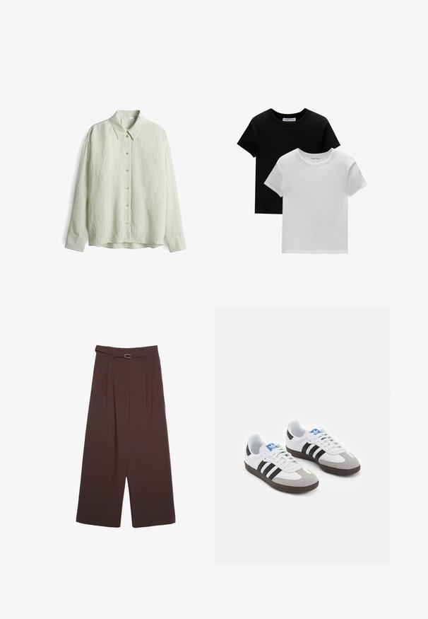 Hellgrünes Hemd mit Kragen und langen Ärmeln, das eine strukturierte Oberfläche, eine Knopfleiste und ein dezentes Streifenmuster an den Manschetten aufweist.; Zwei T-Shirts mit Rundhalsausschnitt in Schwarz und Weiß, aus Baumwolle. Sie haben kurze Ärmel und einfarbiges Design ohne Muster oder Akzente.; Stradivarius WIDE-LEG WITH BUCKLE DETAIL - Stoffhose - dark brown; Sportschuhe mit einem Obermaterial aus weißem Leder, grauer Wildleder-Zehenkappe und drei schwarzen Streifen. Sie verfügen über ein blaues Logo auf der Zunge und eine strukturierte Gummisohle.