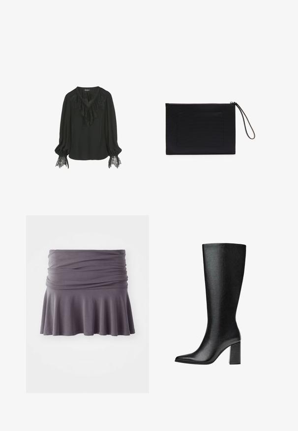 Schwarze Bluse mit einem gerafften Spitzenausschnitt und Spitzenakzenten an den Ärmelbündchen. Weicher Stoff mit einem lockeren Schnitt und V-Ausschnitt.; Grauer, knielanger Rock aus weichem Stoff mit gerafftem Bund und ausgestelltem Saum. Verfügt über eine glatte Textur und ein schlichtes Design.; Schwarze kniehohe Stiefel aus Kunstleder mit spitzer Zehe, glatter Oberfläche und blockartigem Absatz. Minimalistisches Design ohne sichtbare Akzente.; Schwarze Clutch aus strukturiertem Stoff mit rechteckiger Form, ausgestattet mit einem Reißverschluss und einem Handgelenkriemen. Enthält eine Fronttasche.