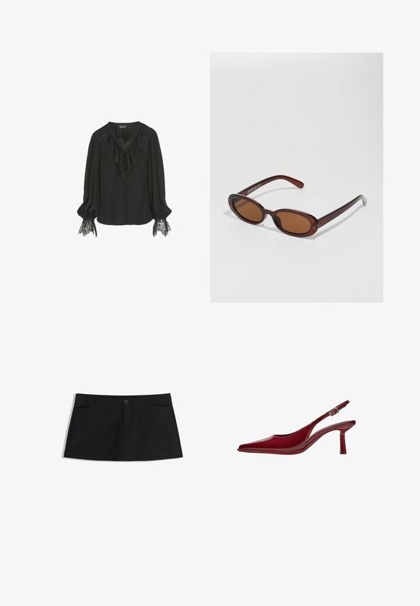 Crna bluzica s čipkastim rubom na ovratniku i čipkastim akcentima na manžetama rukava. Mekani materijal s opuštenim krojem i dizajnom s v-izrezom.; Crna suknja do koljena napravljena od mekog materijala. Ima dva prednja džepa i jedan gumb za zatvaranje u struku.; Bershka Klasične cipele s visokom petom - dark red; Okvir okruglih, smeđkastih sunčanih naočala s sjajnim burgundskim okvirom. Uski nositelji s suptilnim brendiranjem. Ravna leća.